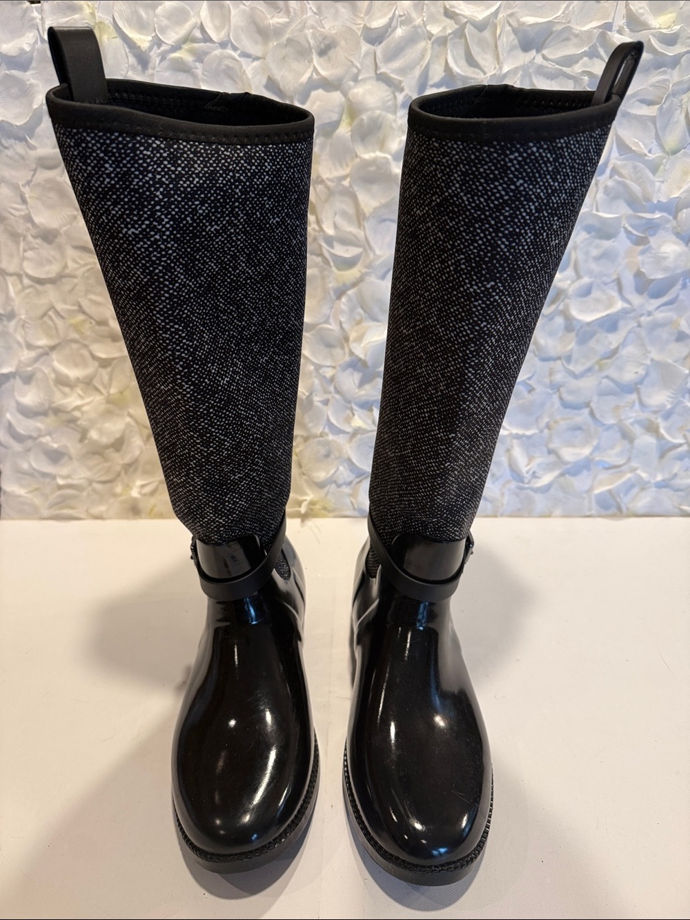 Michael Kors Black Glossy Foot and Textured Gray-Black Shaft Tall Rain Boots